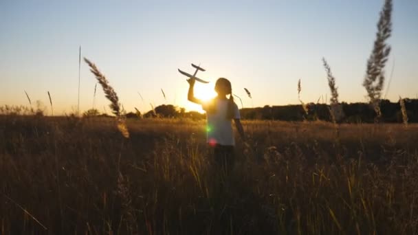 Szczęśliwa mała dziewczynka spacerująca samolotem przez trawiaste pole. Beztroskie dziecko idzie wśród łąki bawiąc się samolotem zabawki na tle zachodu słońca. Małe dziecko bawiące się z naturą. Koncepcja dziecięcych marzeń — Wideo stockowe
