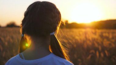 Çimlerin üzerinde durup güzel bir akşam gün batımını seyreden küçük tatlı bir kız resmi. Mutlu bayan çocuk sarı saçlarıyla oynuyor ve doğanın tadını çıkarıyor. Tasasız ve özgür olma kavramı. Yavaş çekim.