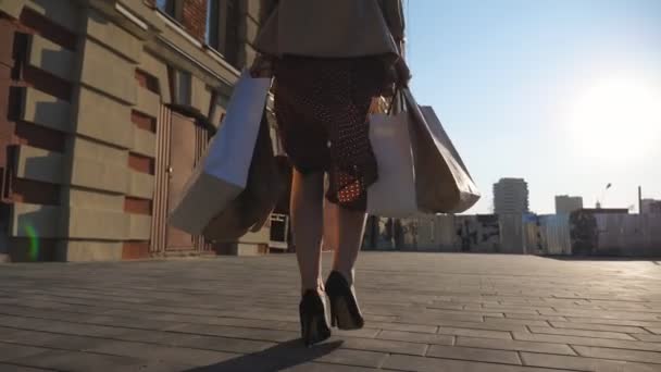 Χέρια Της Νεαρής Γυναίκας Μεταφέρουν Τσάντες Ψώνια Πόδια Κατά Μήκος — Αρχείο Βίντεο