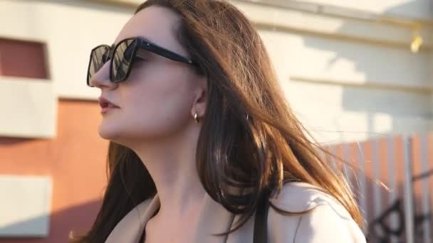 Profil Tânără Femeie Afaceri Succes Ochelari Soare Mers Trotuar Atractiv — Videoclip de stoc