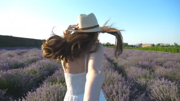 Young Woman Hat Holding Male Hand Jogging Lavender Field Happy — Video