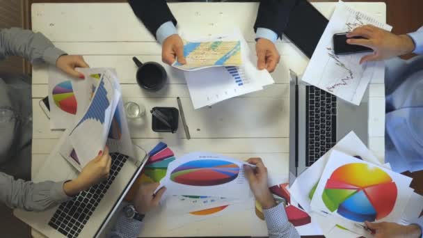Hands Business People Sitting Table Trendy Office Examining Graphs Group — Video