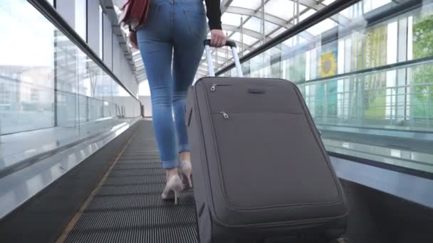 Legs Business Woman Going Hall Terminal Her Luggage Young Girl — Stock Video