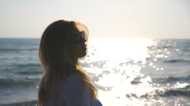 Young Girl Shirt Walking Coast Touching Her Blonde Hair Beautiful — Stockvideo