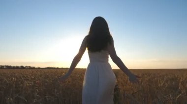 Unrecognizable woman in white dress running through field with golden ripe wheat at sunset background. Happy girl enjoying freedom outdoor. Summer or agriculture concept. Slow motion Back view.