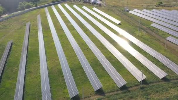 Rows Solar Panels Installed Field Aerial Shot Solar Power Station — 图库视频影像