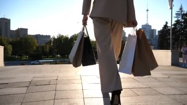 Elegant Young Lady Shopping Bags Going Sidewalk Purchases Sun Flare — Vídeo de stock
