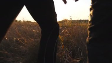 Anne ve baba ve iki çocuk el ele tutuşup gün batımında çim tarlasında koşuyorlar. Çayırlarda koşan ve kollarını kaldıran çocuklu mutlu ebeveynler. Aile tatili kavramı.