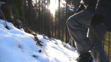 Genç turistin dağ çam ormanlarındaki karlı yamaçlara tırmanışının yan görüntüsü. Tanımlanamayan bir adam arka planda güneş ışığıyla kar tepesinde yürüyüş yapıyor. Sağlıklı aktif yaşam tarzı. Yavaşça kapat..