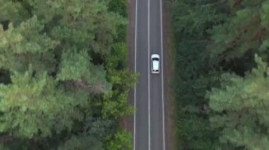 Yeşil ormanda yol boyunca giden beyaz arabanın üst görüntüsü. Yaz günü kırsal bölgede araba kullanmak. Güzel bir sezonda arazi aracının manzarası çok güzel. Tatil seyahati kavramı. Hava görüntüsü.