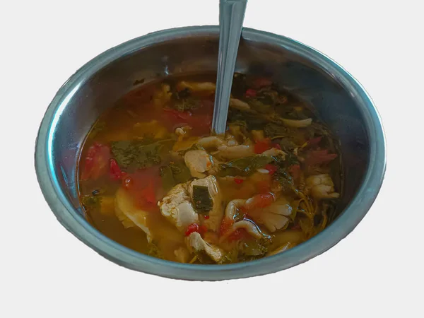 Tom Yum Κοτόπουλο Μανιτάρια Λευκό Φόντο Ταϊλανδέζικο Φαγητό — Φωτογραφία Αρχείου