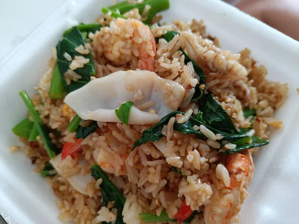 Fried Rice Squid Shrimp Kale Thai Food — стоковое фото