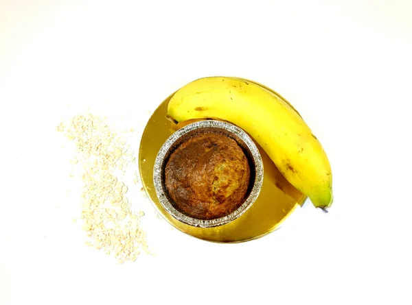 Healthy Homemade Banana Cake Made Oatmeal Cup White Background Sugar — Stock Photo, Image