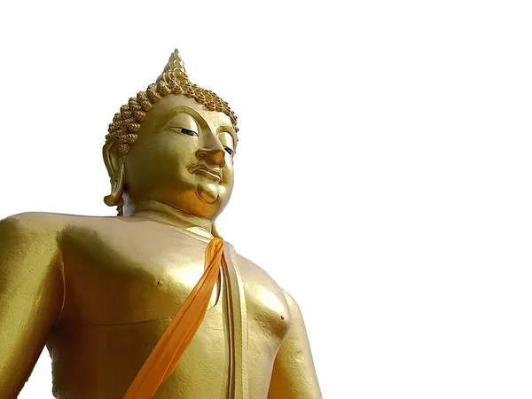 Крупним Планом Золотий Будда Ізольований Білому Тлі Відсічним Контуром — стокове фото