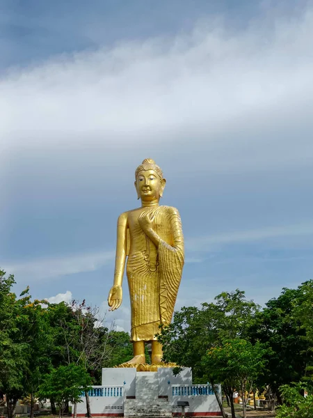 Landschaft Gold Buddha Stand Garten Der Bäume Grüne Blätter Auf — Stockfoto
