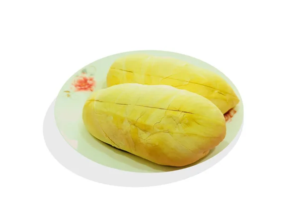 靠近点金黄色榴莲片在白盘上 在泰国很受欢迎的季节性水果 具有剪切路径的白色背景隔离 — 图库照片