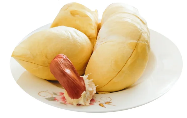 Fette Durian Giallo Oro Piatto Bianco Frutta Stagione Popolare Mangiare — Foto Stock