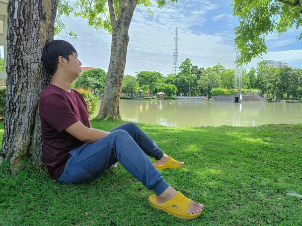 A young Asian man with black hair sits under a tree looking at the sky and clouds. Stress and anxiety. What are you thinking in the summer park city