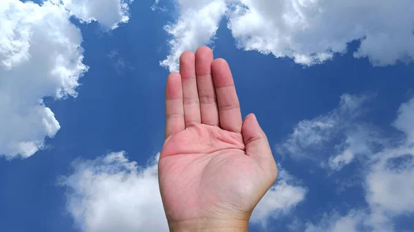 beautiful hand open. sky and cloud background with clipping path.