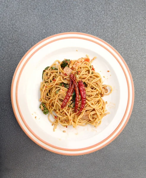 Spicy Spaghetti Pork Drunken Spaghetti Thai Call Popular Street Food — 图库照片