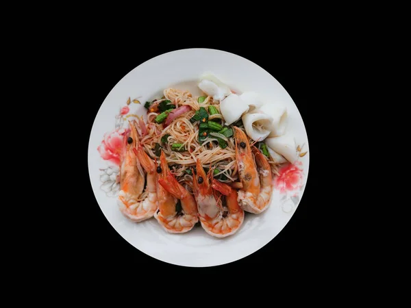 라이스 Vermicelli Noodle 해산물 Spicy Salad 배경에 있습니다 위에서 끊어진 — 스톡 사진
