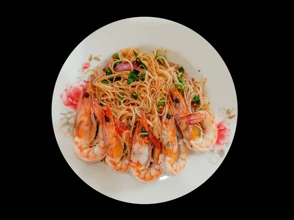 라이스 Vermicelli Noodle Shrimp Spicy Salad Black Background Clipping Path — 스톡 사진
