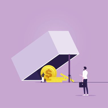 Para tuzağı, para tuzağı, konsept-finansal risk metaforuyla bir tuzağa ulaşmaya çalışan iş adamı.