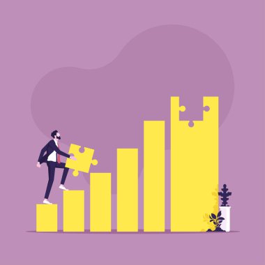 İşadamı yapbozdaki son bulmacayı tutuyor ve hedefe giden çizelge sütunları, hedefe giden yol, iş kavramının başarıya ulaşması, hedefe ulaşması.