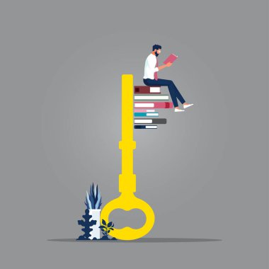 İş adamı anahtar üzerine kitaplar okur, ki bunların bir kısmı kitaptır, bilgi başarının anahtarıdır metafor, eğitim ve öz eğitim, gizli edebiyat.