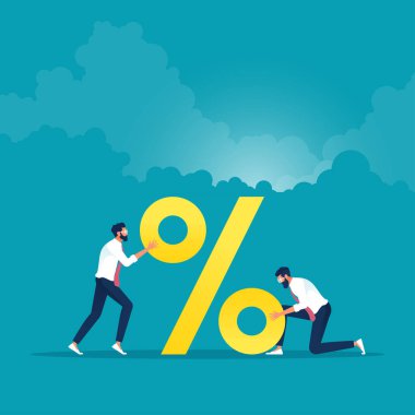 İşletme ekibi büyük bir yüzde işareti, indirimde büyük indirim, büyük kredi, banka mevduatlarına yüksek faiz, işletme finansal konsept-iş ekibi büyük yüzde işareti oluşturur.