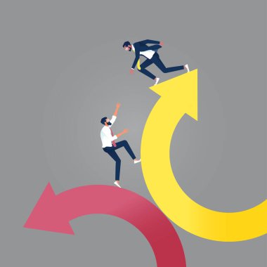 İş adamı birbirini destekliyor. Düşen işlerden yükselen oka tırmanıyor. Krizden başarıya giden otobüslere yardım eden takım çalışması metaforu.