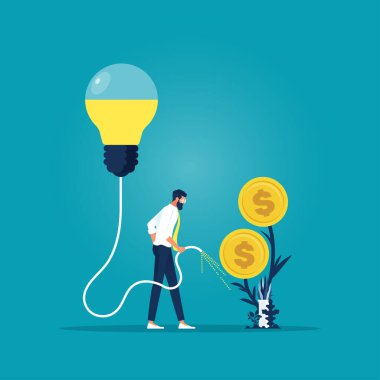 Bir para ağacını fikirle sulayan işadamı, gelir, yatırım artışı, fikir para-iş yatırım kavramı yapıyor