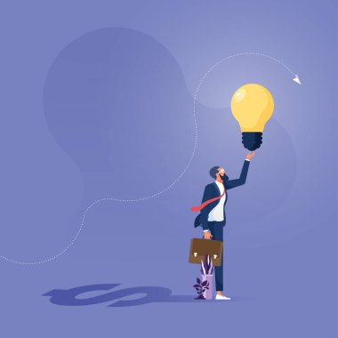 Lamba ve dolar gölgesi tutan bir iş adamı, fikirlerin sembolü parayla değiştirilebilir.