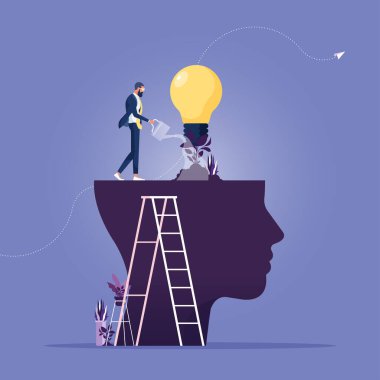 İş adamı beyindeki büyüyen ampul bitkisini metafor gelişimi kişiliği olarak suluyor.