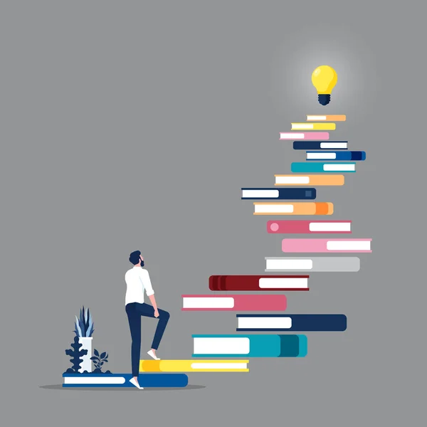 Empresário Subir Livros Escadas Com Lâmpada Topo Auto Desenvolvimento Educação — Vetor de Stock