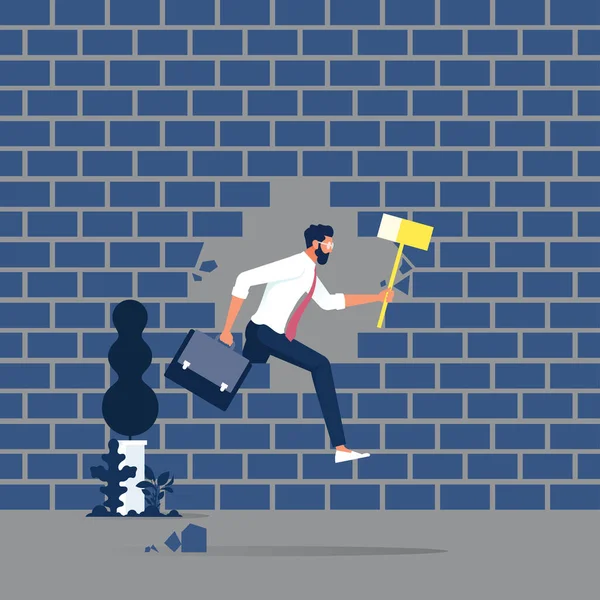 Biznesmen Rozbija Ścianę Człowiek Niszczy Ceglaną Ścianę Młotkiem Biznesmen Rozbija — Wektor stockowy