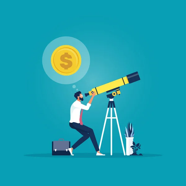 Hombre Negocios Usa Telescopio Para Encontrar Dinero Inversión Para Negocios — Archivo Imágenes Vectoriales