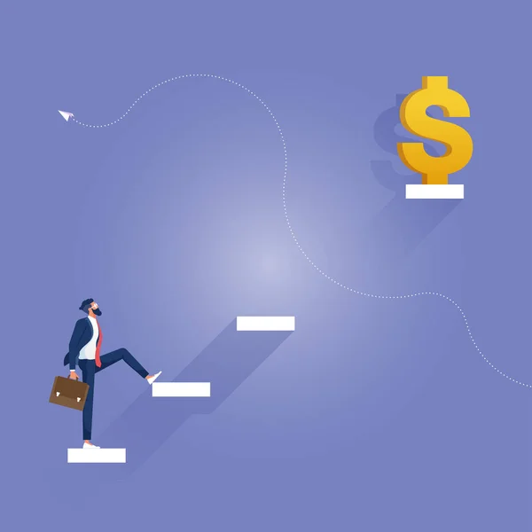 Empresario Escalando Escalera Abstracta Símbolo Del Dólar Crecimiento Financiero Concepto — Vector de stock