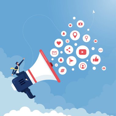Başarılı lider dijital pazarlama sürecini doğru şekilde yönetiyor, iş lideri megafonun üzerine oturmuş, dijital pazarlamayı yönetiyor