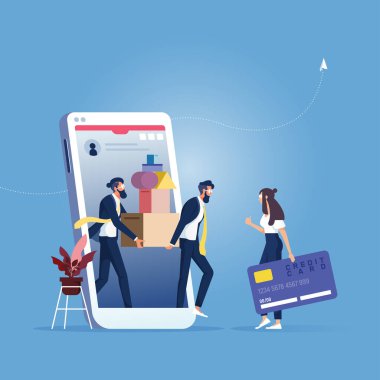 Çevrimiçi alışveriş ve dağıtım hizmeti konsepti, iş kadınları akıllı telefonlardan alışveriş yapıyor.