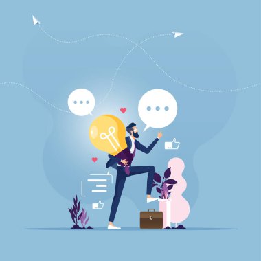 İş adamı yaratıcı ampul fikrini, ilham kavramını modern tasarımı elinde tutuyor. 