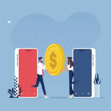İş adamı diğer kişilere, internet bankacılığına ve mobil ödemelere akıllı telefon, nakit ve yakın saha iletişim teknolojisi kullanarak para veriyor