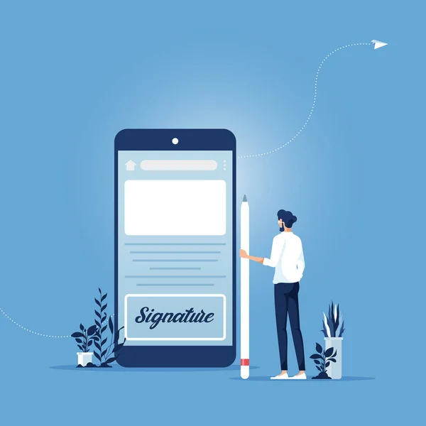 数字签字概念 在智能手机屏幕上签名的商人 在数字 电子签名 商业或电子合同上签名的商人 — 图库矢量图片