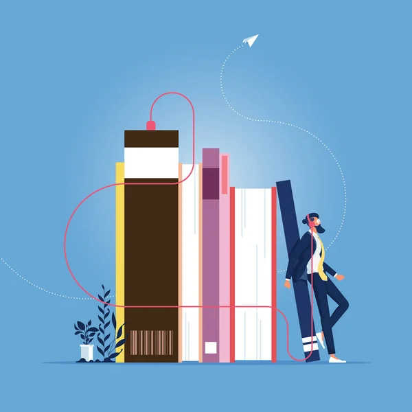 Businessman Standing Pile Books Headphones Listen Them Online Listening Reading — Stock Vector