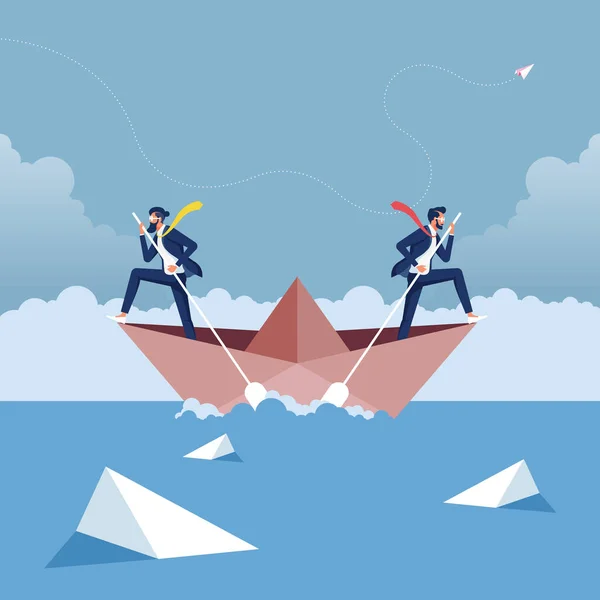 Businessmen Boat Rowing Direction Each Other — Stock Vector