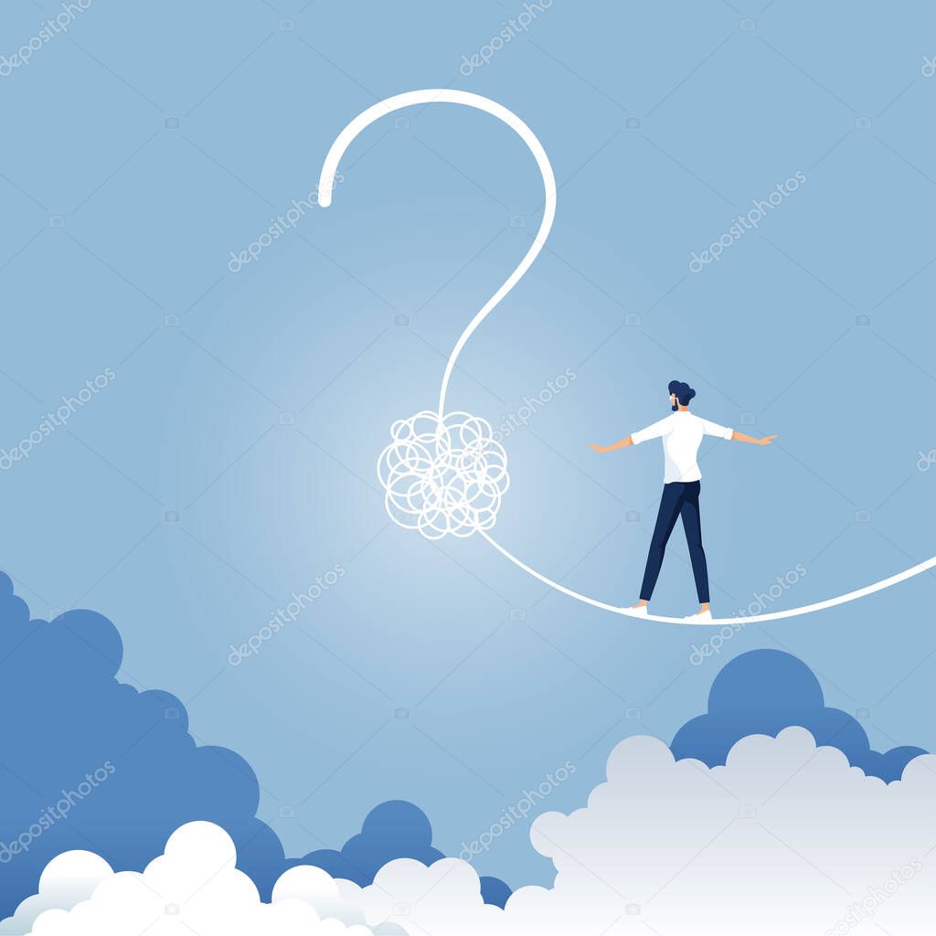 Businessman walking on a tight rope shaped as a question mark, Risk uncertainty and planning a new journey