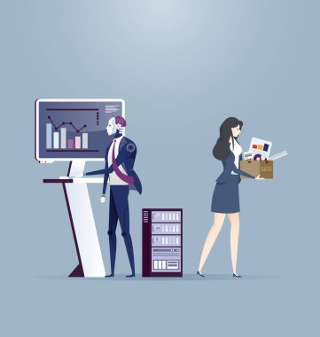 İş kadınlarının çalışmalarında yapay zeka robotu yerini alıyor. İşçiler. Teknolojiler insanların yerini alıyor..