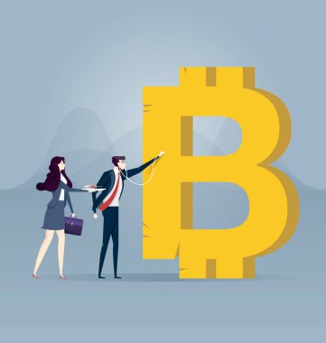 Bitcoin-iş konsepti vektörünü inceleyen bir işadamı