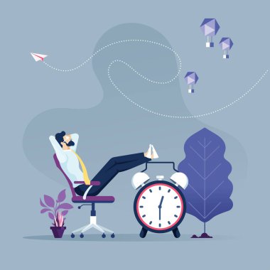 İş adamı, koltuk-zaman yönetim kavramının üzerine oturup rahatlıyor