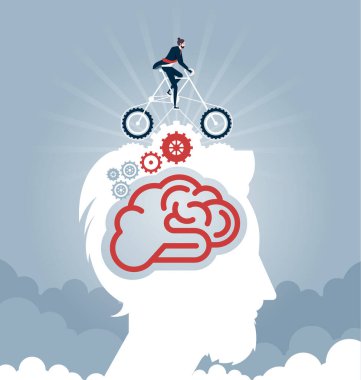 Businessman riding a bike with gears on head. Business concept vector clipart